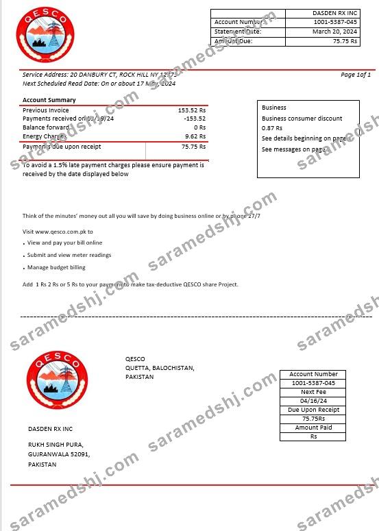 Pakistan Quetta Electric Supply Company electricity business utility bill template in Word and PDF formats